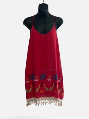 Red Mexican-Inspired Embroidered Mini Dress – Size M